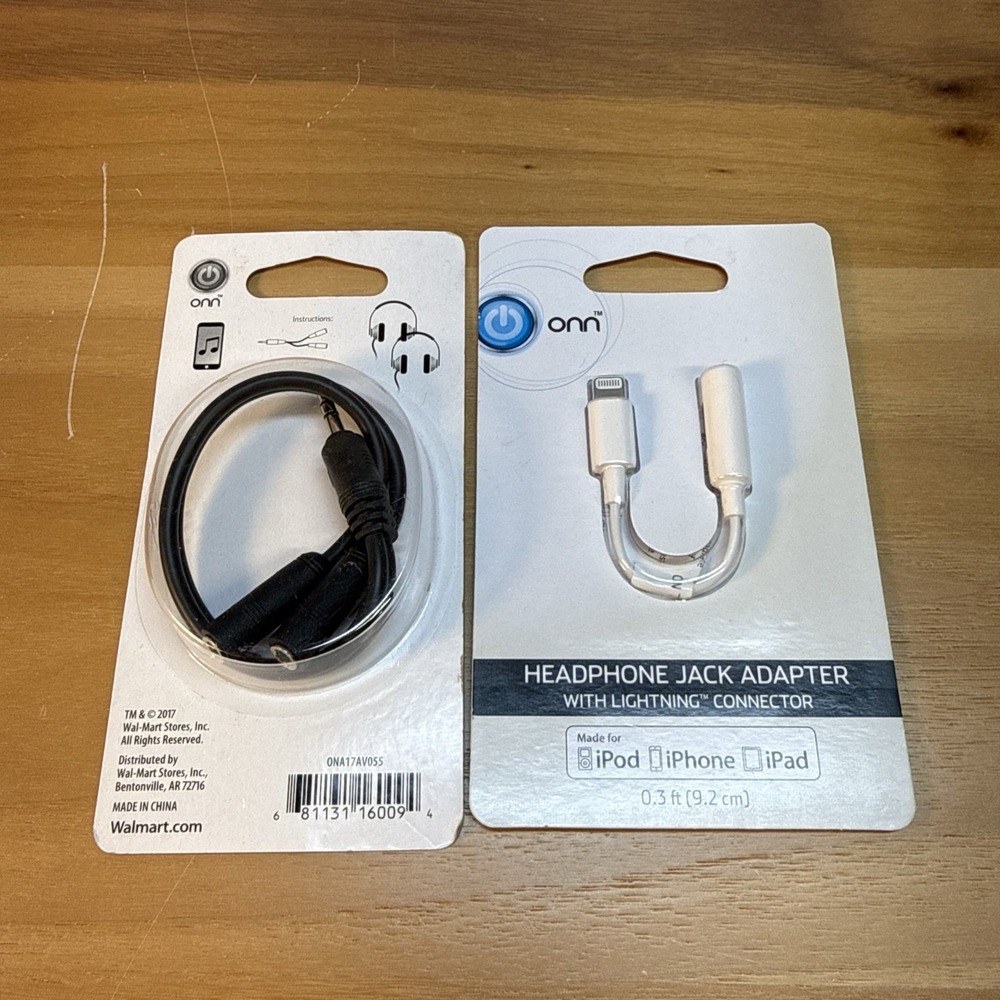New Onn Set (2) Headphone Jack Adapter & Aux Y Adapter For iPhone 3.5 mm